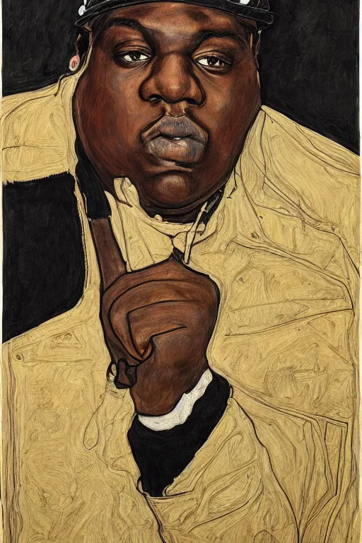 Image similar to a portrait of biggie smalls holding a mic in a hand by egon schiele, masterpiece, hyperdetailed, complex, intricate, old school, 9 0 s, 4 k, trending on artstation