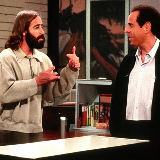 Image similar to Photo still of Jesus Christ in 1990s clothing guest-starring with Jerry Seinfeld in an episode of the TV show Seinfeld (1994), realistic