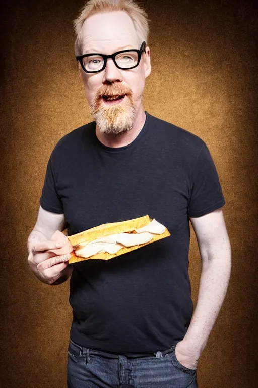 Image similar to 📷 portrait of adam savage with a sandwich for a head, still image, high resolution, 4 k