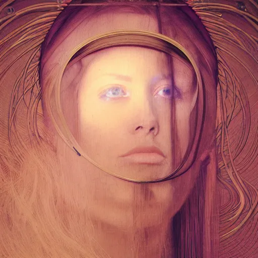 Image similar to Woman masterpiece, portrait, Avril Lavigne, pink, golden halo behind her head, wires, lines, by Edgar Maxence and Ross Tran, Zdzisław Beksiński, and Michael Whelan, distant, gustav dore, H.R. Giger, 8k, octane render