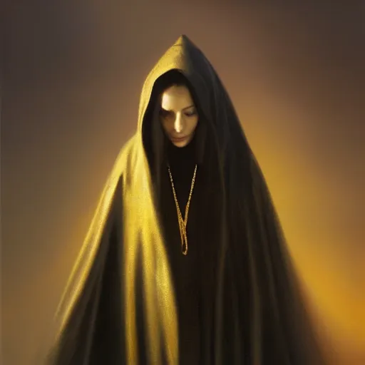 Image similar to a portrait of a young woman wearing a long dark cloak, hood and shadows covering face, holding golden chains, oil painting, matte painting, black background, Volumetric Golden dappled dynamic lighting, Highly Detailed, Cinematic Lighting, Unreal Engine, 8k, HD, by Beksinski