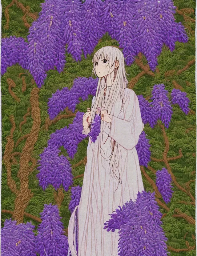 Prompt: priestess of the wisteria hills. embroidered tapestry by the award - winning mangaka, bloom, chiaroscuro, backlighting, depth of field.