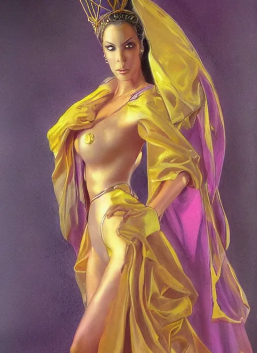 Prompt: portrait of plump sorceress of the moon, golden tiara, purple robe and veil, strong line, muted color, beautiful! coherent! by boris vallejo