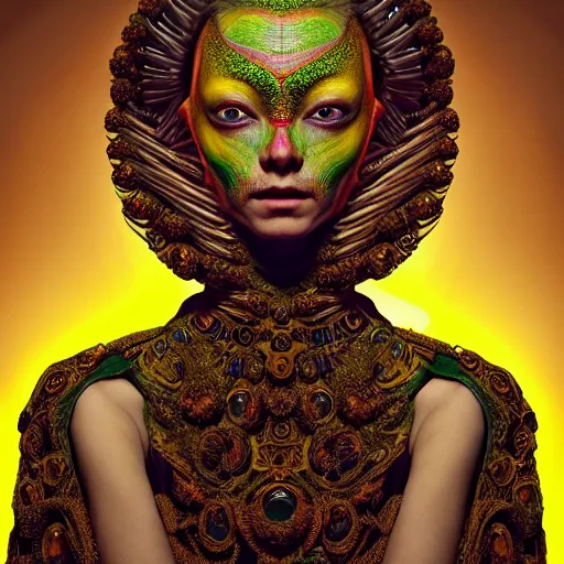 Prompt: Colour aesthetic Caravaggio style full body Photography of Highly detailed beautiful alienWoman with 1000 year old detailed face and wearing detailed Ukrainian folk costume also wearing highly detailed retrofuturistic sci-fi Neural interface designed by Hiromasa Ogura . Many details In style of Josan Gonzalez and Mike Winkelmann and andgreg rutkowski and alphonse muchaand and Caspar David Friedrich and Stephen Hickman and James Gurney and Hiromasa Ogura. Rendered in Blender and Octane Render volumetric natural light