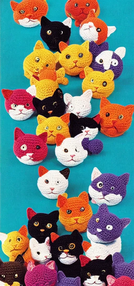 Prompt: multicolored crocheted cats, 1 9 8 0 s catalogue photo,