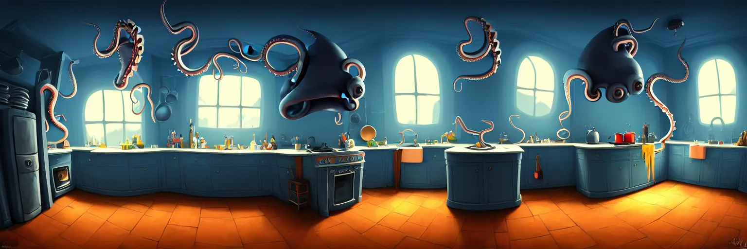 Prompt: dark palette, fisheye, octopus shaped naive, extra narrow, detailed illustration of a kitchen, large floor, octopus shaped by rhads from lorax movie, trending artstation, dark blue