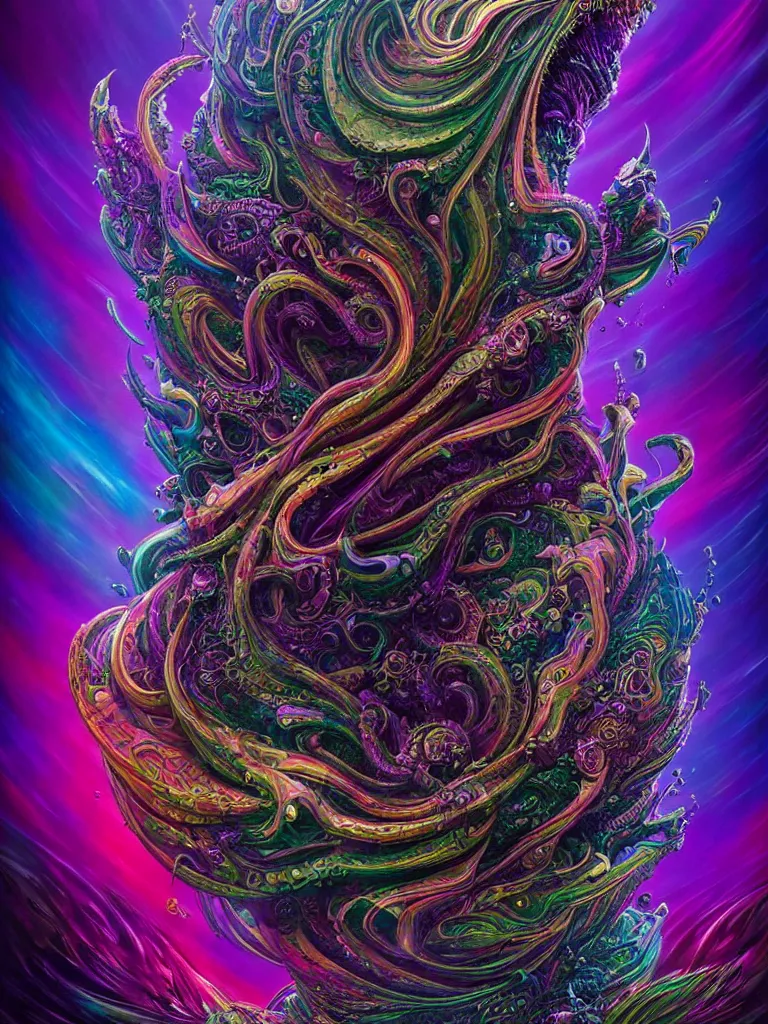 Image similar to depicting a wrathful technological nightmare monster god, in the style of lisa frank, exuberant organic elegant forms, by karol bak and filip hodas : : 1. 4 purple, red, blue, green, black intricate mandala explosions : : intuit art : : turbulent water backdrop : : damask wallpaper : : atmospheric