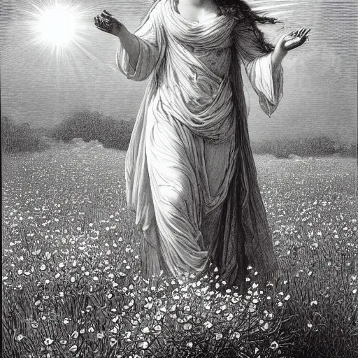 Prompt: A goddess in a field of flowers, bursting with holy light, the weather bright, light shining out from the clouds, Tyndall effect by Gustave Doré and wlop --w 1024 --h 1024