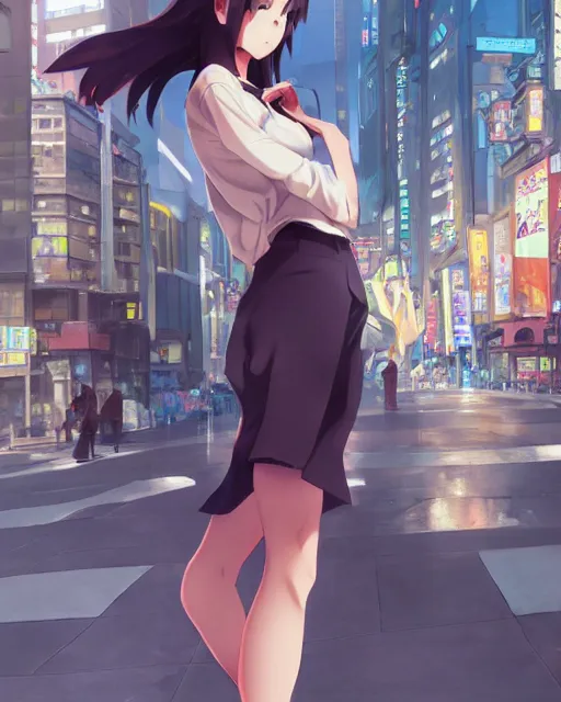 Prompt: a girl on a busy modern street, very sexy outfit, very anime, medium shot, visible face, detailed face, perfectly shaded, atmospheric lighting, by makoto shinkai, stanley artgerm lau, wlop, rossdraws