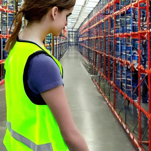 Image similar to photo, close up, emma watson in a hi vis vest, in warehouse, android cameraphone, candid photo 2 6 mm,