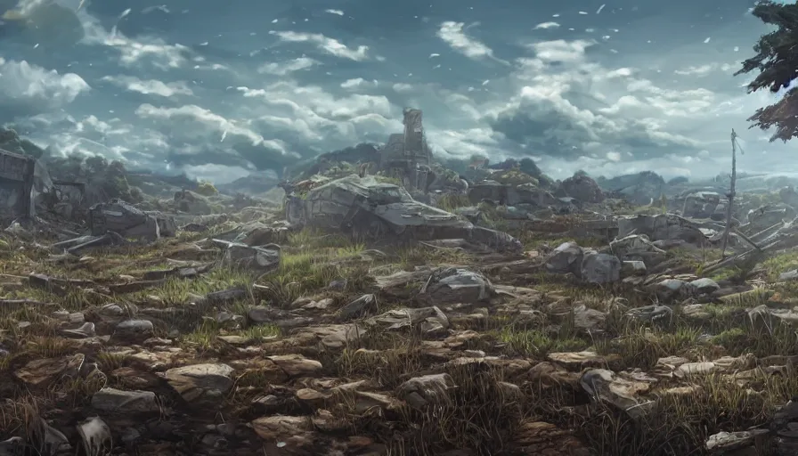 Prompt: the beautiful, chilling, mundane panoramic view of a field after war filled with dead soldier calvary and rocks at dusk. hyperrealistic anime background illustration, borderlands, colorful, extremely detailed intricate linework, smooth, super sharp focus, bright colors, high contrast, matte, octopath traveler, unreal engine 5 highly rendered, global illumination, radiant light