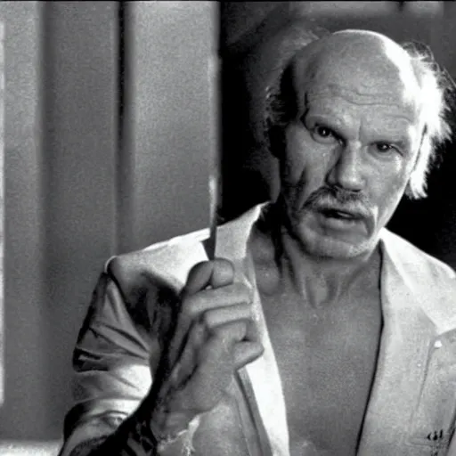 Prompt: Janusz Korwin-Mikke in a still from the movie Big Trouble in Little China (1986)