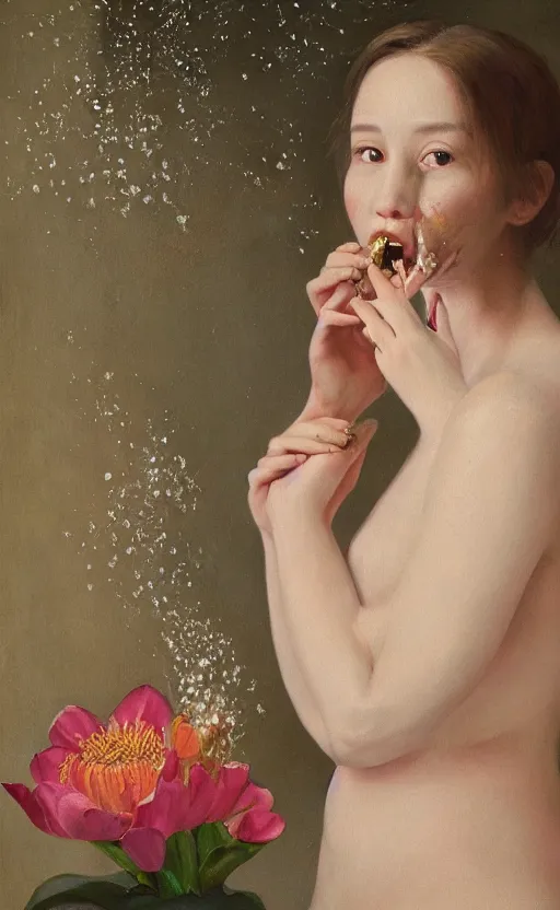 Image similar to portrait of a girl, in a silk robe, honey dripping down her top to bottom, flowers erupting out of her mouth, hyperrealistic