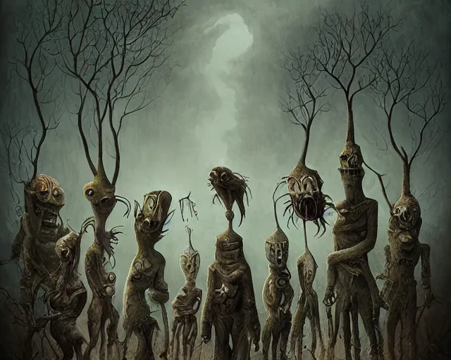 Image similar to a surreal painting of many bizarre otherworldly creatures standing in a small eerie village, by anton semenov and android jones