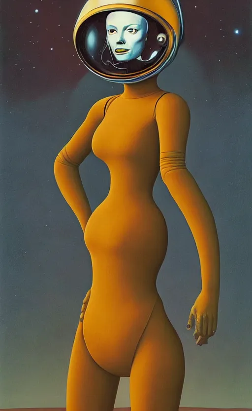 Image similar to portrait of an astronaut lady woman wearing helmet with tight black latex dress tight suit, Edward Hopper and James Gilleard, Zdzislaw Beksinski, Mark Ryden, Wolfgang Lettl highly detailed