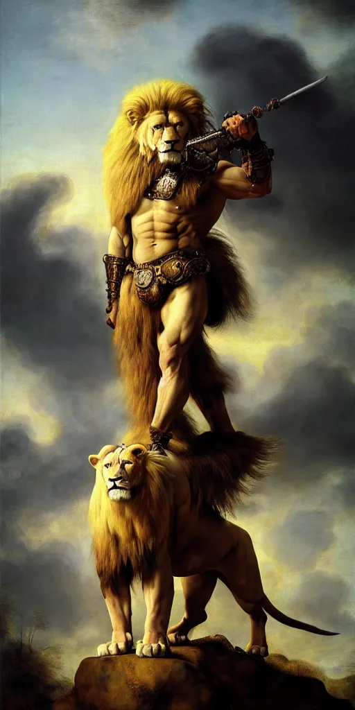 Prompt: muscular oversized white lion as barbarian hunter with steampunk oversized chest armor and shiny weapon , full human oversized mutant proportions hairy body , backlight body , extreme very textured detailed panoramic portrait oil painting by rembrandt, sunset, dramatic clouds and cyan atmosphere