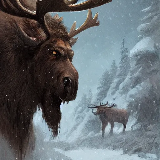 Image similar to hairy barbarian with moose head by greg rutkowski