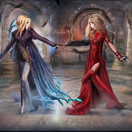 Prompt: a scene of two identical beautiful sorceresses fighting, detailed digital painting, full of detail