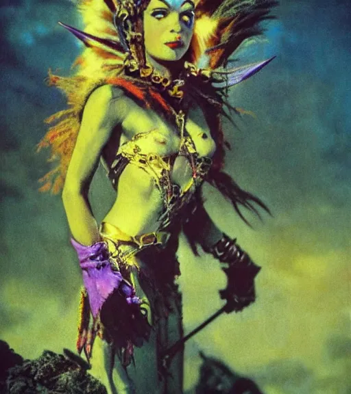 Prompt: evil princess of the wasteland, scrap metal headdress, strong line, vivid neon color, yellow purple, cloudy sky, beautiful! coherent! by brian froud, by frank frazetta, low angle