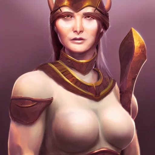 Prompt: fantasy portrait of a kind female Minotaur warrior, concept art, soft lighting