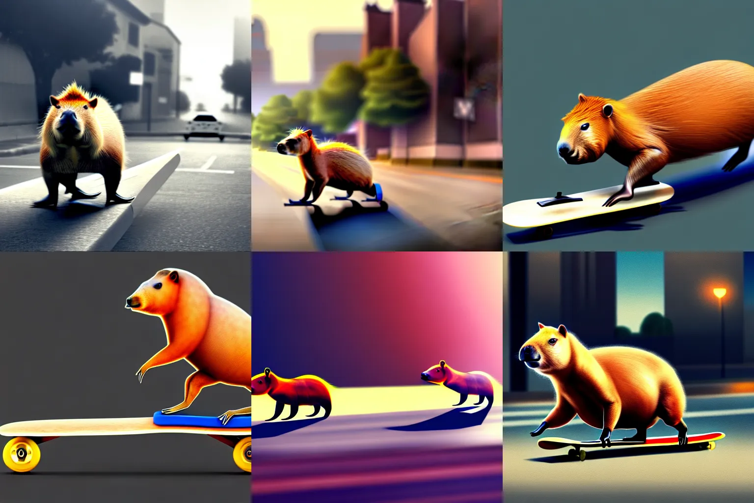 Prompt: capybara on a skateboard being chased by the police cars , digital art , trending on artstation , 4k , HD