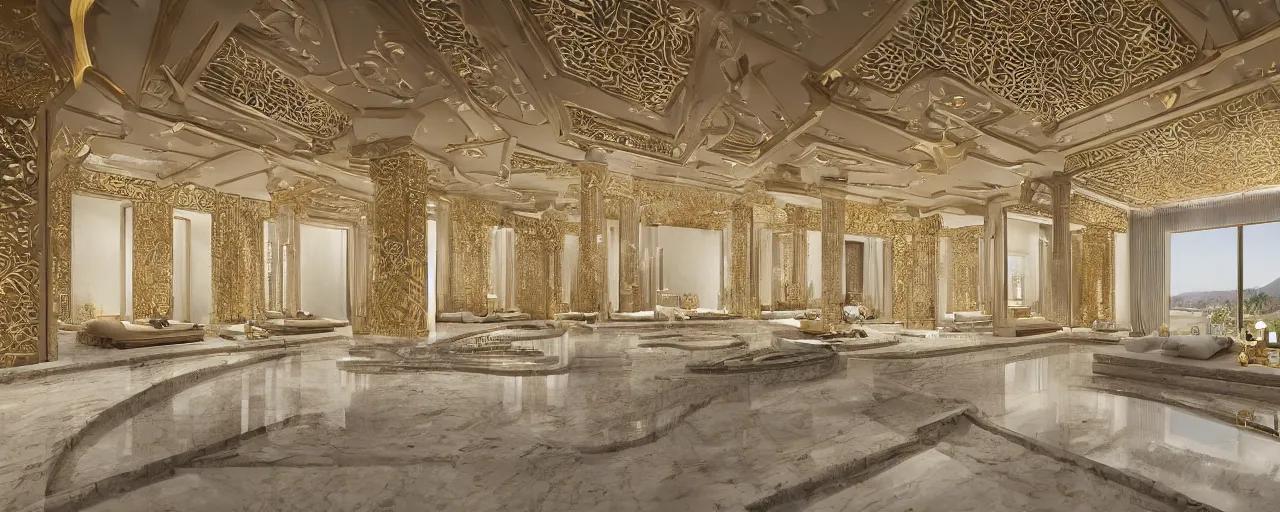 Image similar to interior of a double height luxury spa with everything made of gold, candles, beige marble floor, wellness pool, intricate hieroglyph detailed roof, contemporary design, sacred geometry, 8 k, hyperrealistic, photorealism, windows with view to wadi al disah mountains