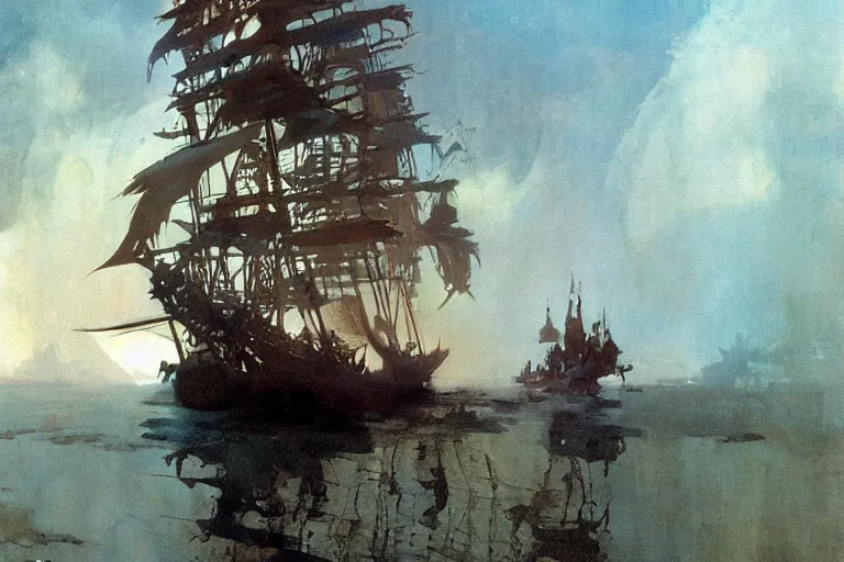 Prompt: pirate ship interior, intricate, elegant, highly detailed, vivid colors, john harris, frazetta, tyrus wong, ruan jia, jeffrey catherine jones