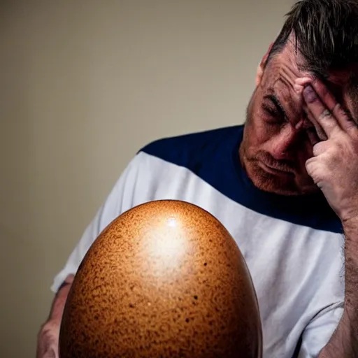 Image similar to man cries while holding giant egg sitting on the kitchen floor at night, painting, somber, moody lighting