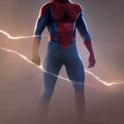 Image similar to ryan reynolds as a black and blue suit spider - man, cinematic, volumetric lighting, f 8 aperture, cinematic eastman 5 3 8 4 film, photorealistic by greg rutkowski, by stanley artgerm, by alphonse mucha