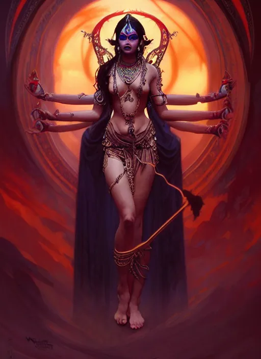 Image similar to a beautiful cinematic female kali goddess of death, fantasy landscape, fantasy magic,, dark light night, intricate, elegant, sharp focus, illustration, highly detailed, digital painting, concept art, matte, art by WLOP and Artgerm and Greg Rutkowski and Alphonse Mucha, masterpiece