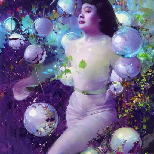 Image similar to a girl with three eyes : : on 5 translucent luminous spheres, full of floral and berry fillings, in an ocean of lavender color by john berkey