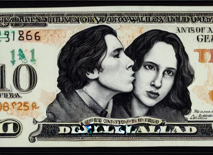 Image similar to reylo kissing, american dollar bill