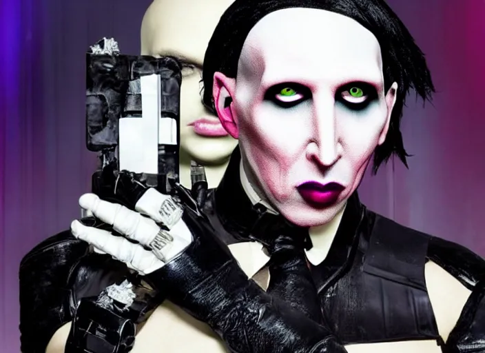 Image similar to marilyn manson robocop illuminati ritual