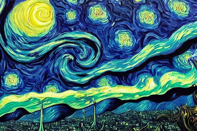 Prompt: man is seeing old god eldritch horror cthulhu terrifying the night sky of a city, epic scene oil painting hyper - detailed gigantic cthulhu, realistic dark - art painted by van gogh