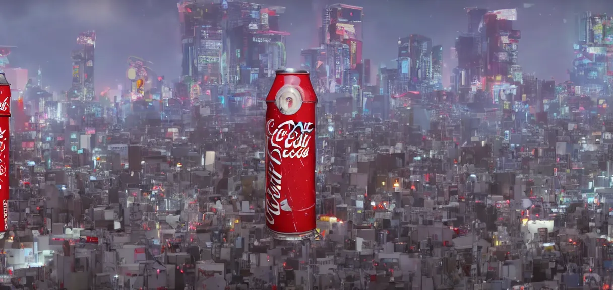 Image similar to A beautiful wide shot of an enormous anthropomorphic can of Coca-Cola that is rampaging, destroying the night city of Tokyo, cinematic, anamorphic 35 mm lens, cinematic, anamorphic lens flares 4k