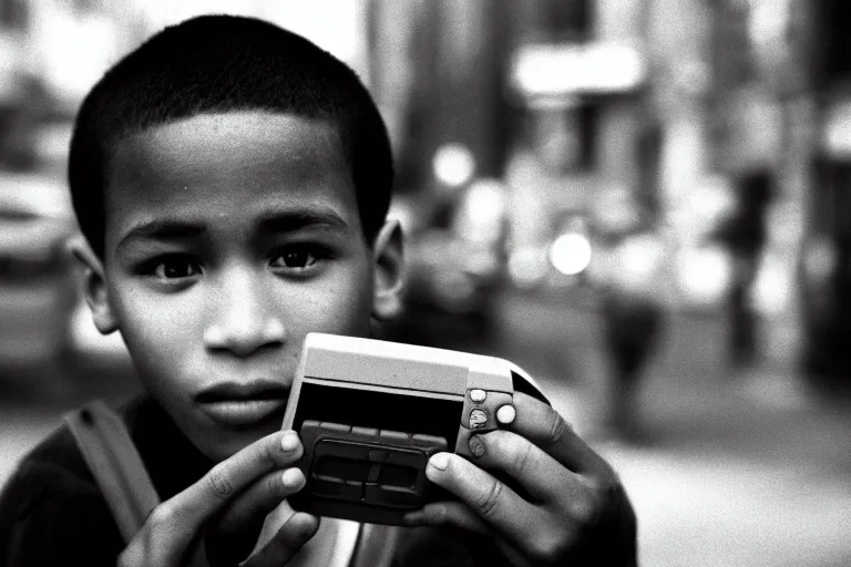 Image similar to closeup potrait of a boy carrying a nintendo 64 in 1996 new york , photograph, natural light, sharp, detailed face, magazine, press, photo, Steve McCurry, David Lazar, Canon, Nikon, focus