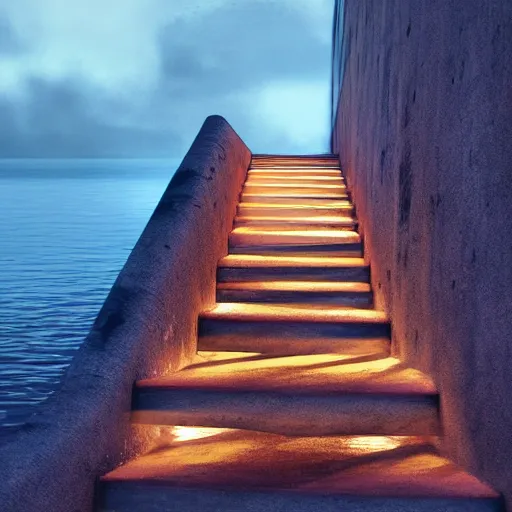 Prompt: stairs leading into the ocean at night, lit up by a single lamp post, dynamic lighting, photorealistic concept art, trending on art station, stunning visuals, creative, cinematic, ultra detailed