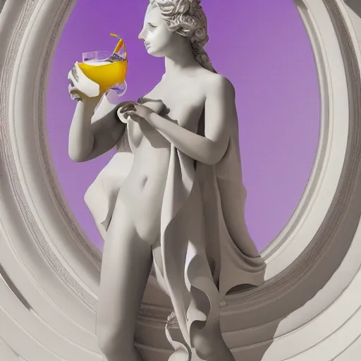 Image similar to close - up of white reneissance statue holding a coctail, colorful coctail, digital painting, 3 d render, above the waist