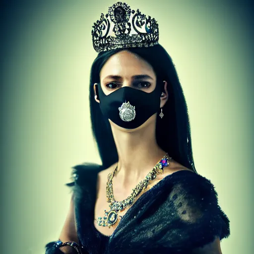 Prompt: a princess with lots of jewelry and an Ultra Lux mask, full body, , photos by Annie Leibovitz, moody, models by 500px, dramatic cinematic lighting rendered by octane, 8k, detailed, intricate, clean and textures, trending on artstation, deviantart google images, pinterest