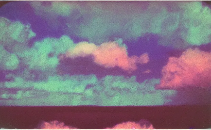 Prompt: analog polaroid of a pastel landscape, thunderclouds, color bleed, ambient light, gritty
