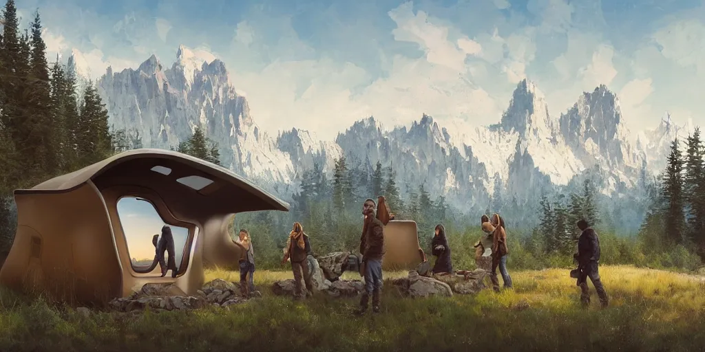 Image similar to cabela's beautiful comfortable futuristic pop up insulated all terrain family pod, cabin, modular, person in foreground, mountainous forested wilderness open fields, beautiful views, painterly concept art, joanna gaines, environmental concept art, farmhouse, magnolia, concept art illustration by ross tran, by james gurney, by craig mullins, by greg rutkowski trending on artstation