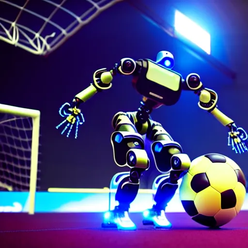 Prompt: a cyberpunk robot kicking a soccer ball in a soccer game, hyperrealistic, unreal engine, octane render, 3 d, 8 k, make it look like it was made by dall - e 2