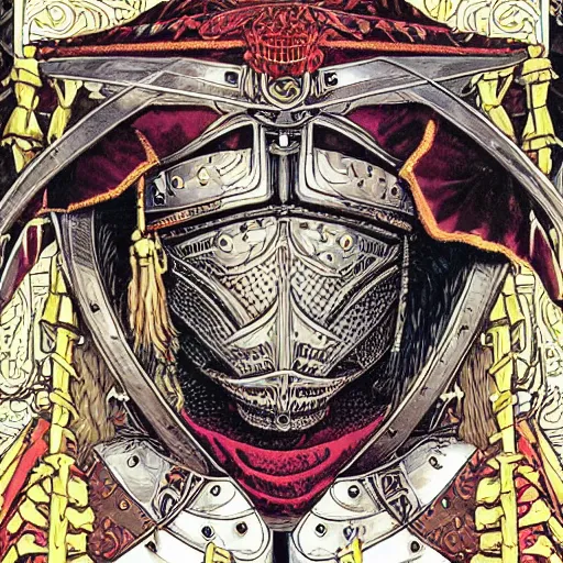 Prompt: portrait of crazy medieval knight, symmetrical, by yoichi hatakenaka, masamune shirow, josan gonzales and dan mumford, ayami kojima, takato yamamoto, barclay shaw, karol bak, yukito kishiro