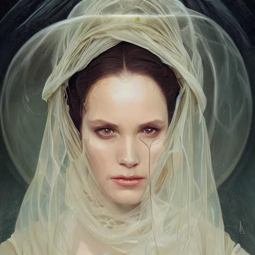 Image similar to portrait, female bene gesserit, bee keeper, veiled face, d & d, fantasy, intricate, elegant, highly detailed, digital painting, artstation, concept art, matte, sharp focus, illustration, art by artgerm and greg rutkowski and alphonse mucha