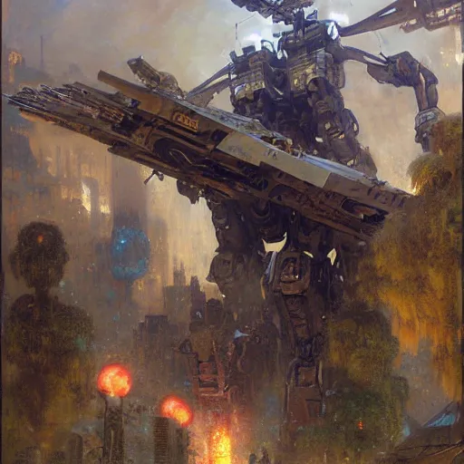 Image similar to six meters tall mech fighting in an urban environment, epic action scene, by gaston bussiere craig mullins jc leyendecker gustav klimt artgerm greg rutkowski john berkey, bergey, craig mullins, ruan jia, raymond swanland, jeremy mann, tom lovell, alex malveda, ray casting, hdr