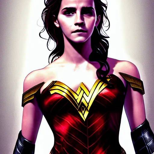 Image similar to full body portrait concept art of emma watson as wonder women, art station, trending, illustration, digital art, hero art, deviant art, hd, 8 k, unreal engine 5 render