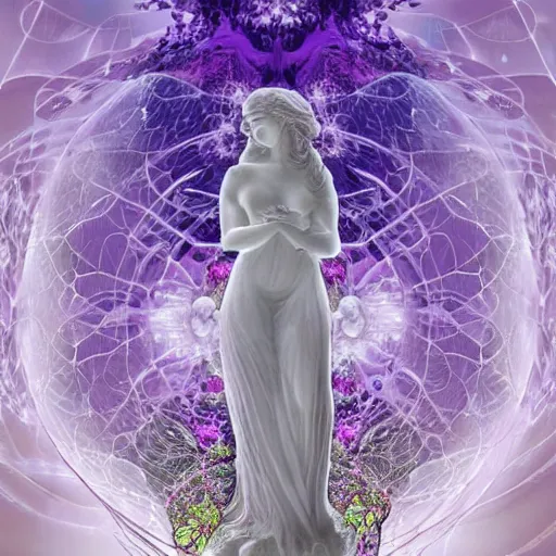 Image similar to glowing delicate flower and mushrooms that grow in a dark fatansy forest on the planet Pandora, an idealistic marble statue with fractal flowery hair in a fractal garden, symmetrical,