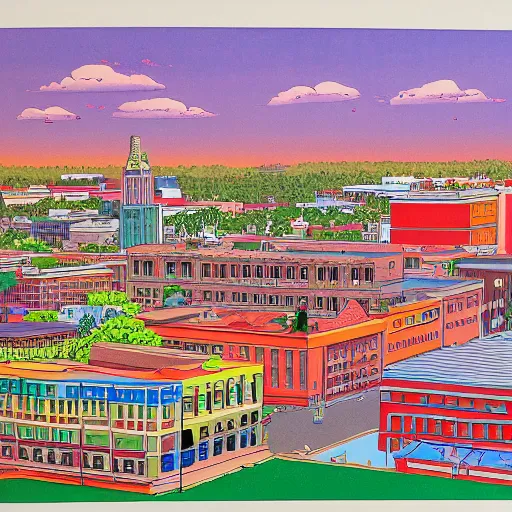 Prompt: detailed colorful lithograph of downtown Tallahassee in the style of Katsuhiro Otomo