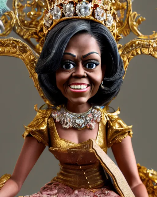 Image similar to highly detailed closeup, face profile portrait of a tin toy michelle obama as a fairytale princess wearing a crown and sitting on a throne, bikini, depth of field, nicoletta ceccoli, mark ryden, lostfish, max fleischer, breathtaking, detailed and intricate environment, 8 k resolution, hyperrealistic, octane render