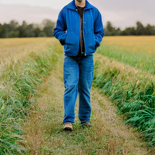 Image similar to steven bonnell ii in a blue jacket walking in a field, portrait photography, sony a 7 siii